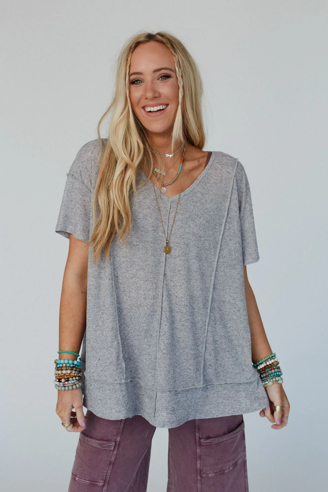 The Nest Nestled In Ribbed Knit Top - Cement